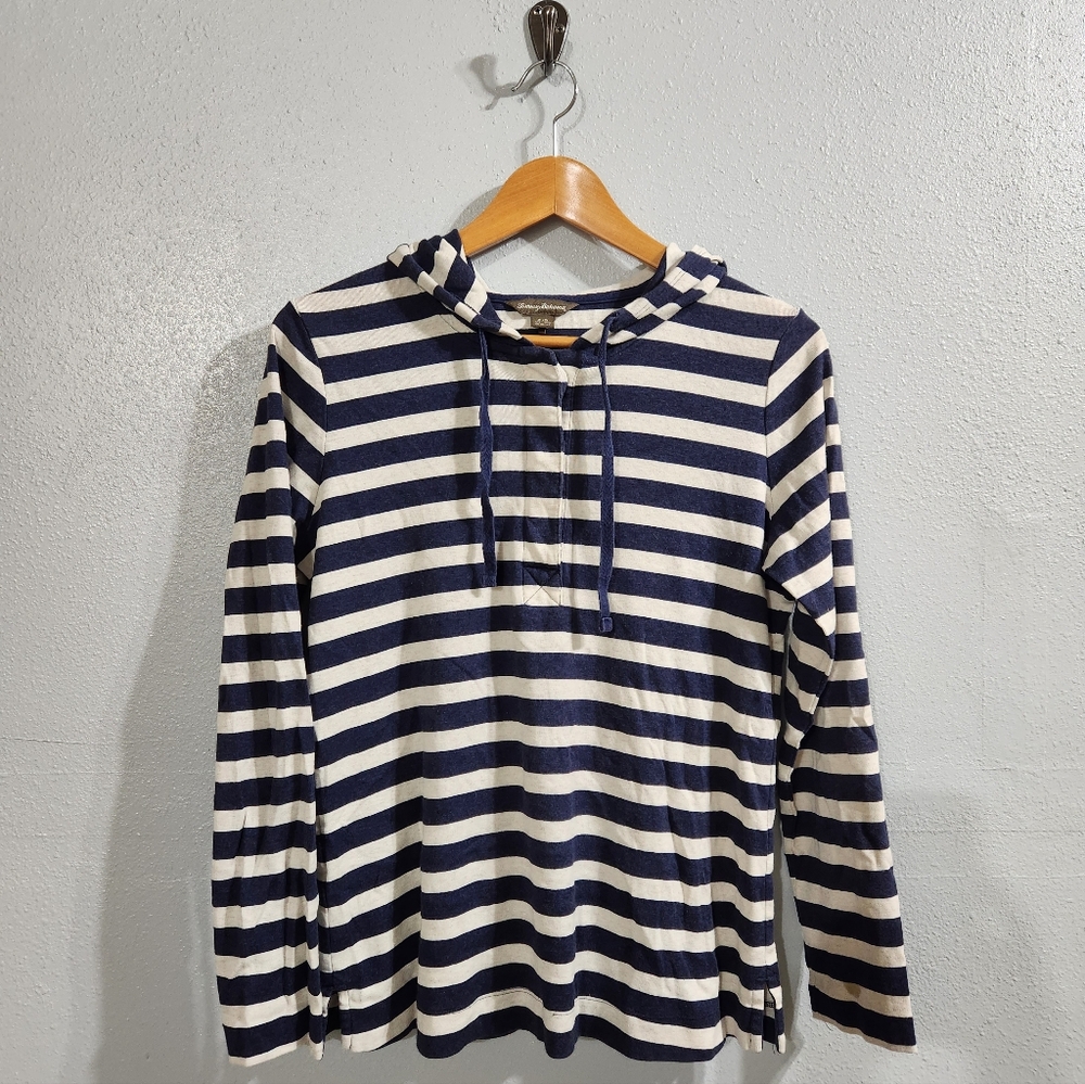 Tommy Bahama Blue Striped Hoodie Shirt Size Small pullover shirt Oversized Small